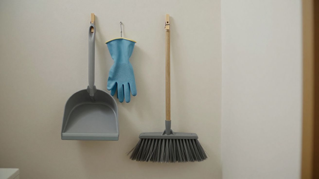 Pá, vassoura e luva de limpeza azul penduradas em ganchos numa parede clara.