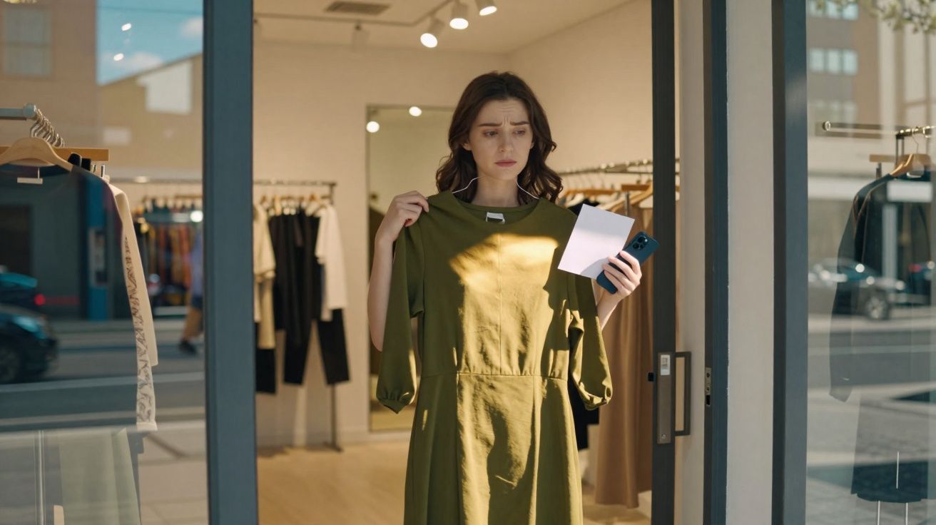 Mulher em loja de roupas olhando vestidode verde com expressão de dúvida segurando nota e celular.