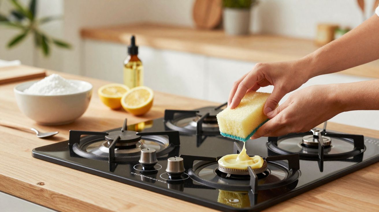 Mãos limpando fogão a gás com esponja e pasta de limpeza caseira, com limões e bicarbonato ao fundo.