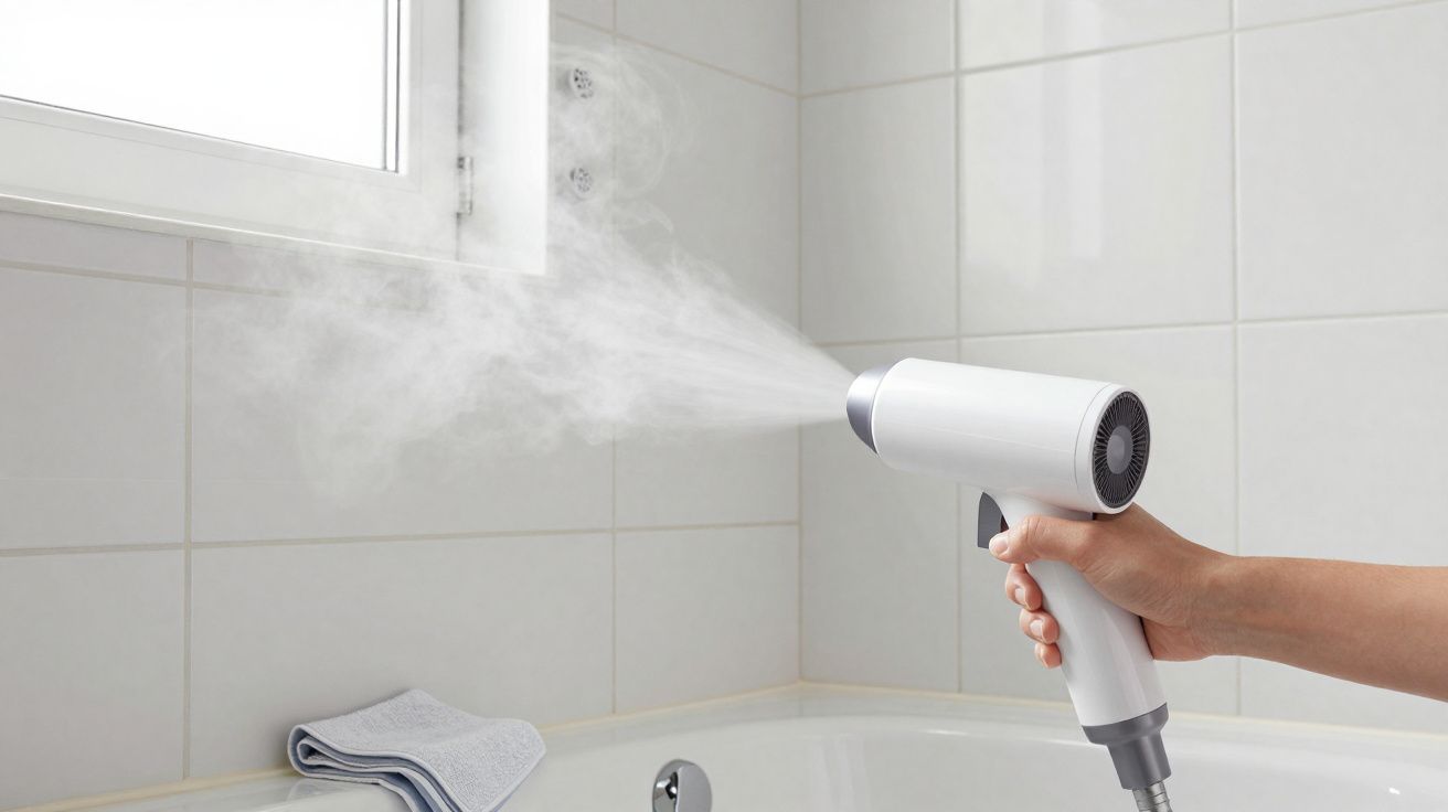 Pessoa segurando secador de cabelo branco que solta vapor em banheiro com azulejos brancos.