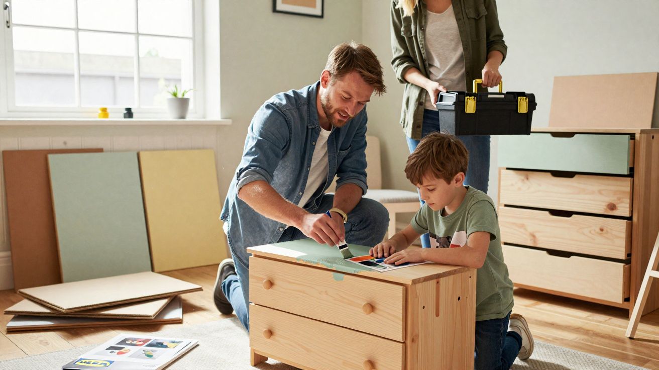 Homem e menino pintando móvel de madeira enquanto mulher segura caixa de ferramentas em cômodo iluminado.