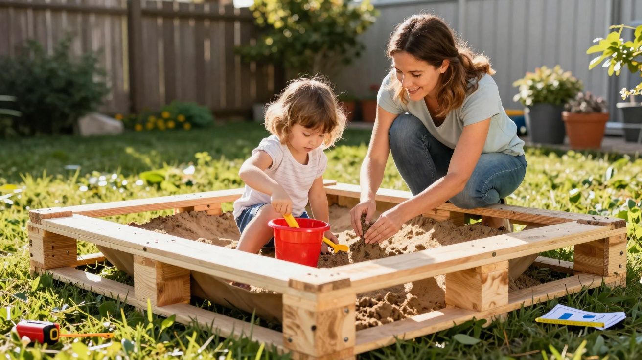 Criança e mulher brincando juntas em um tanque de areia de madeira em jardim ensolarado.