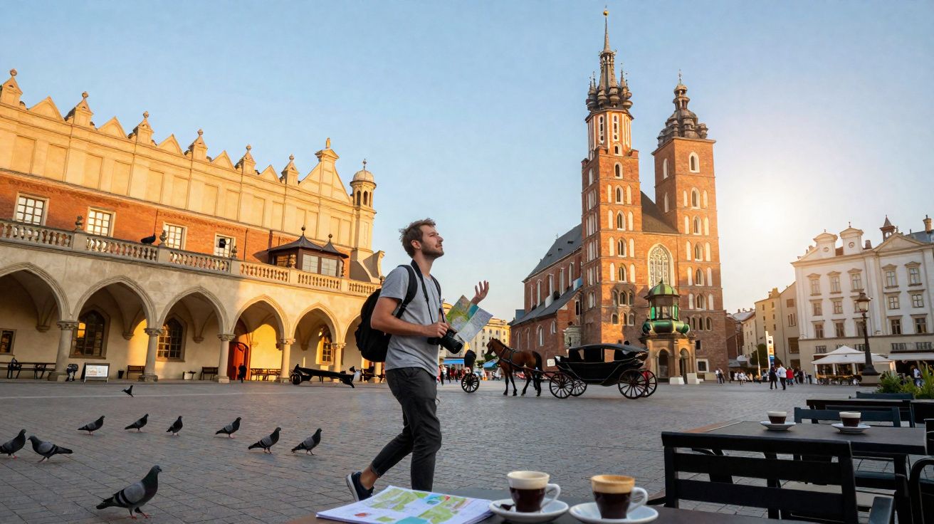 Turista com mapa e câmera na praça principal de Cracóvia ao amanhecer, com pombos e arquitetura histórica.