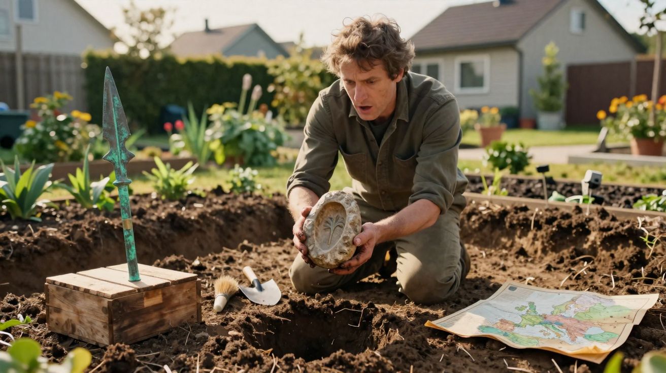 Homem ajoelhado em jardim segurando artefato antigo com desenho, ao lado de mapa, pá e caixa de madeira.