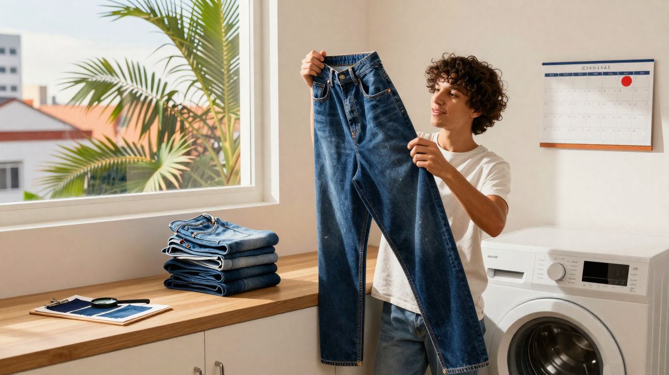 Pessoa segurando uma calça jeans azul ao lado de máquina de lavar em lavanderia iluminada.