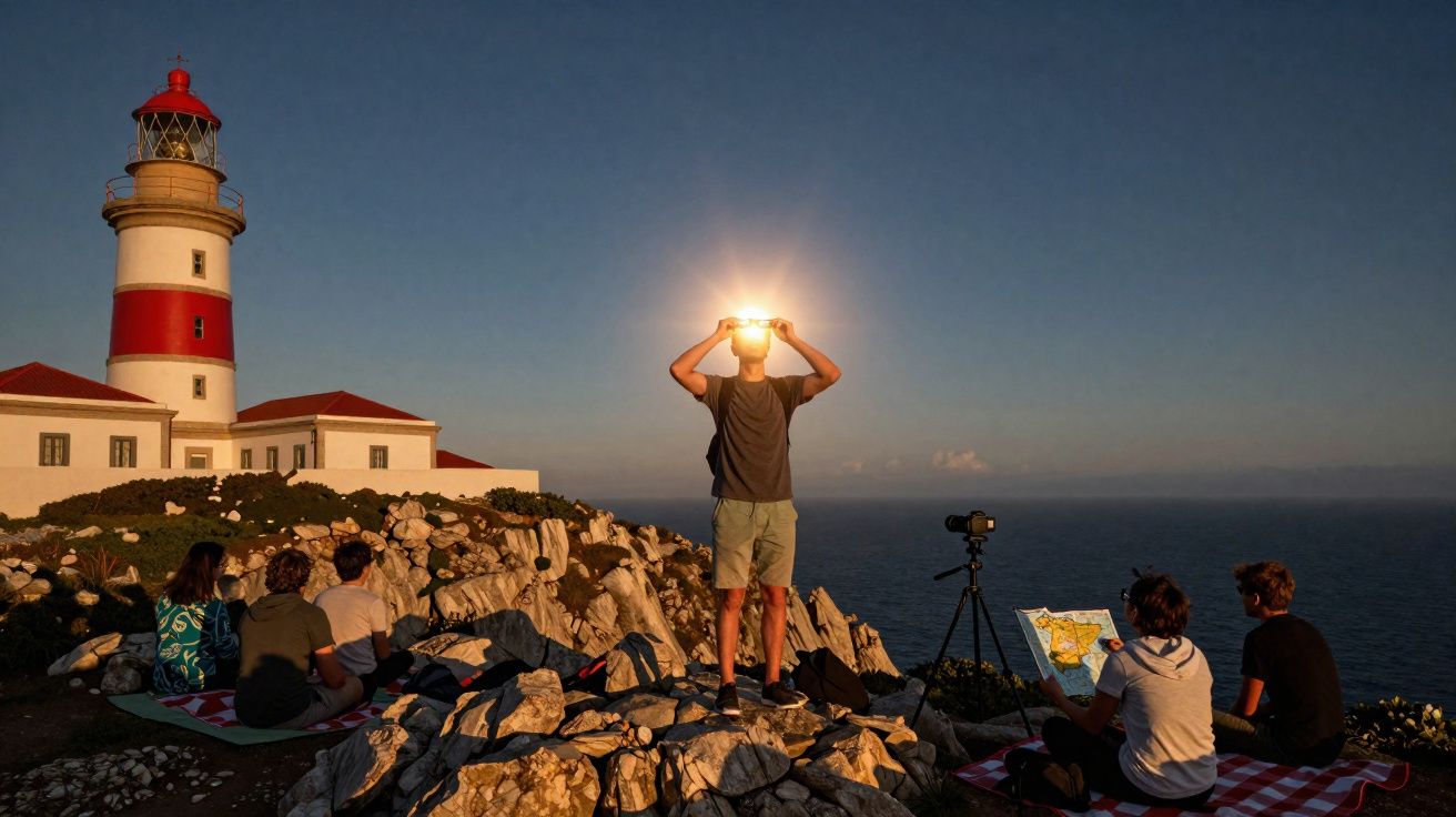 Grupo de jovens em penhasco próximo a farol, um segura o sol no horizonte, outro lê mapa, câmera em tripé ao pôr do sol.
