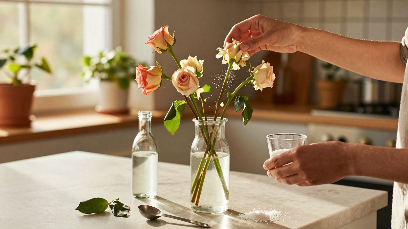 Mãos polvilhando açúcar em rosas em vaso sobre bancada de cozinha com objetos ao fundo.