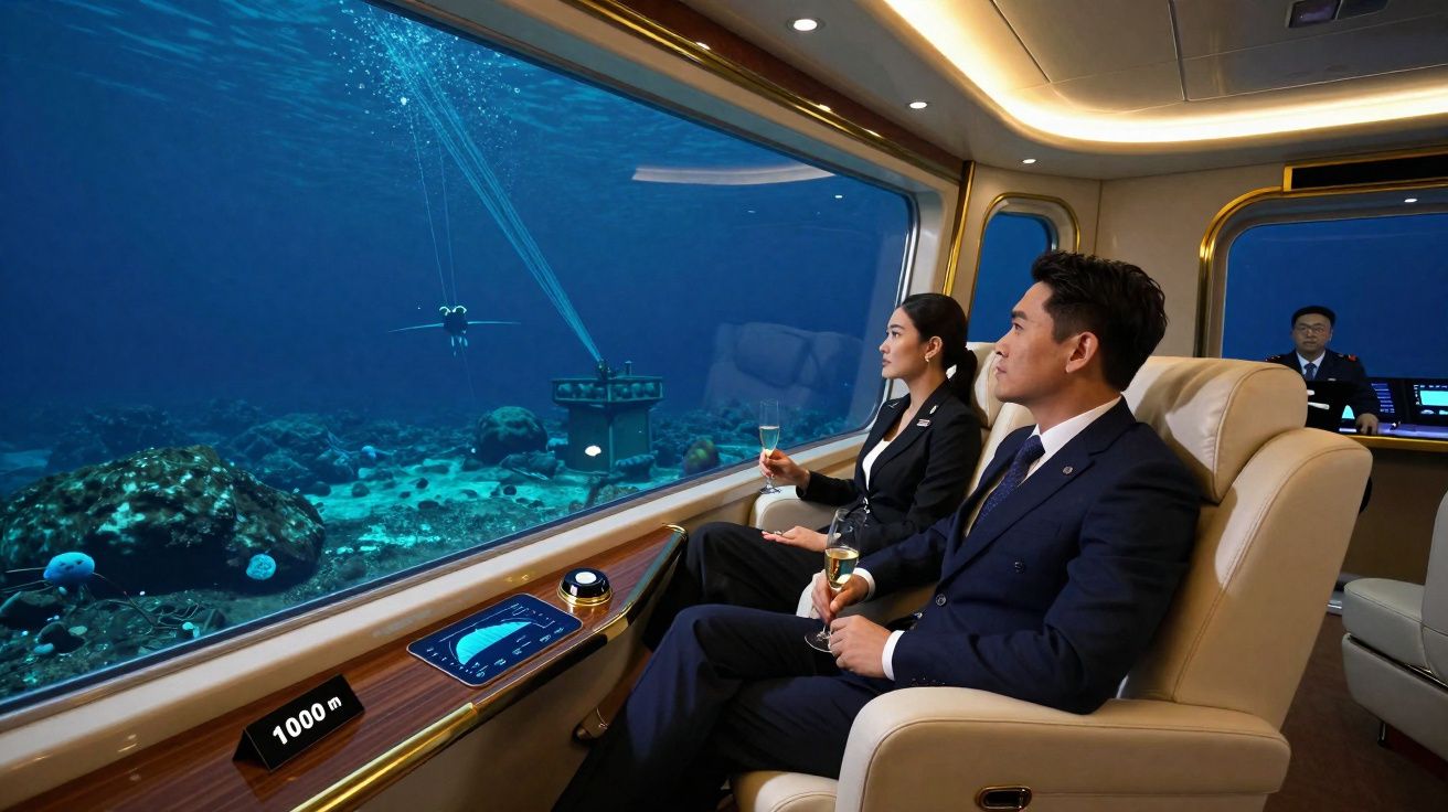 Duas pessoas em traje formal observam o fundo do mar a 1000 metros em janela de submarino.