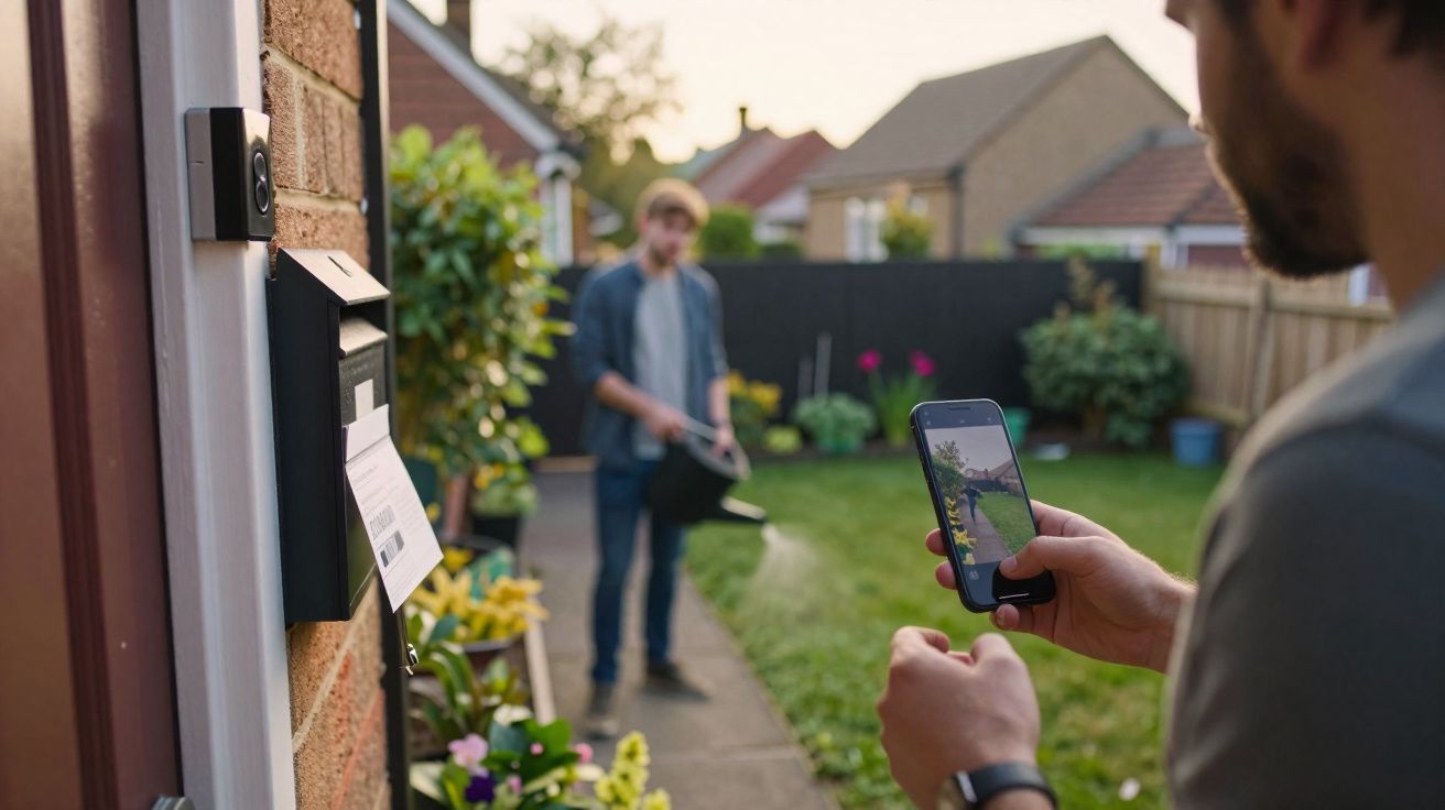 Homem registra com celular outra pessoa regando plantas no jardim de uma casa residencial.