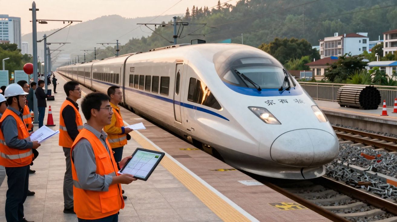 Grupo de trabalhadores com coletes laranja observa trem rápido parado na estação ao entardecer.