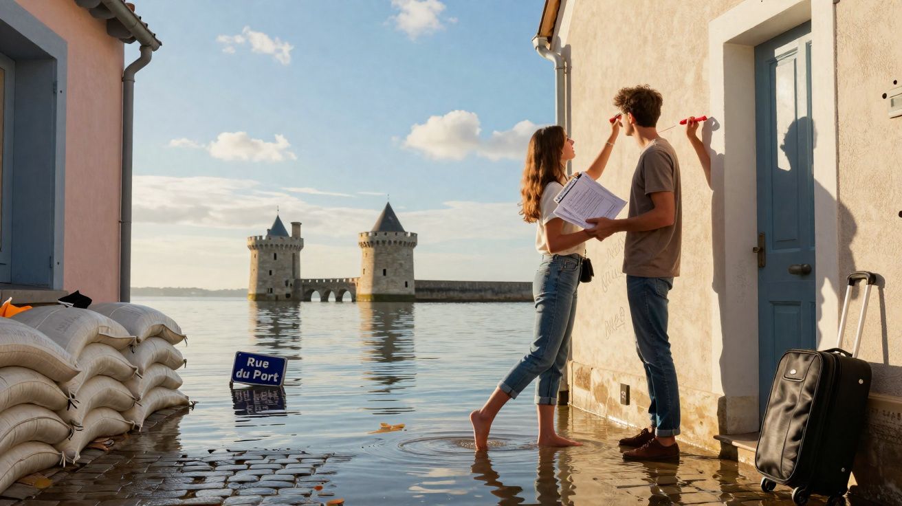 Casal em rua alagada escreve na parede enquanto água chega aos pés, com castelo ao fundo e malas ao lado.