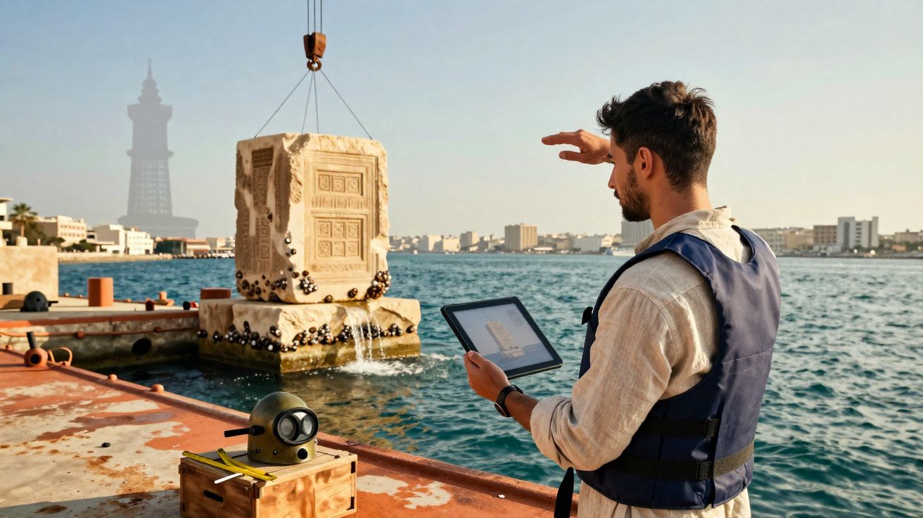 Homem com colete salva-vidas analisa escultura submersa sendo içada no mar com tablet em mãos.