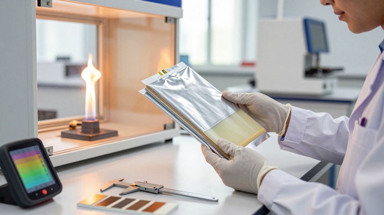 Pessoa com jaleco e luvas segurando amostras de materiais em laboratório com chama acesa ao fundo.