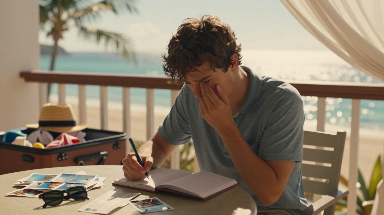 Homem jovem escrevendo em caderno, com aparência pensativa, sentado em varanda com vista para a praia.