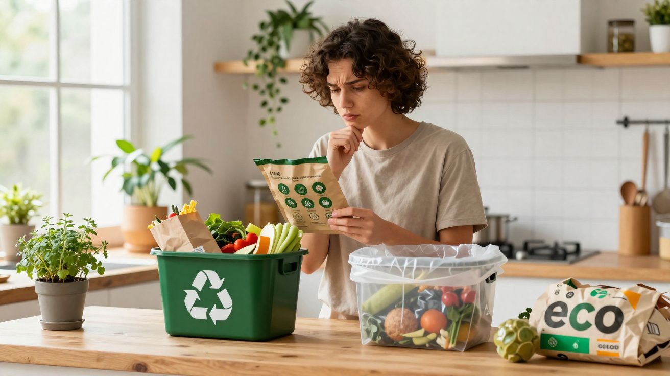 Pessoa lendo embalagem de produto em cozinha com cestos para reciclagem e compostagem com alimentos vegetais.