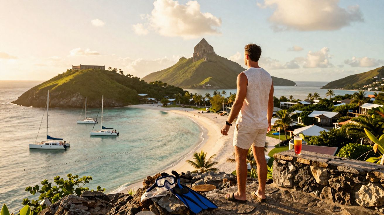 Homem de pé em mirante observando praia, montanha e veleiros sob céu com poucas nuvens ao entardecer.