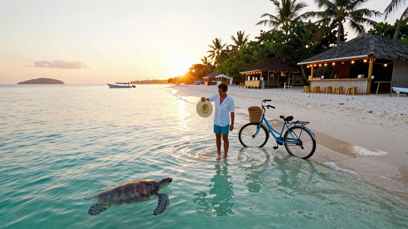 Homem de bermuda e camisa na água com bicicleta na praia ao pôr do sol e tartaruga marinha nadando.