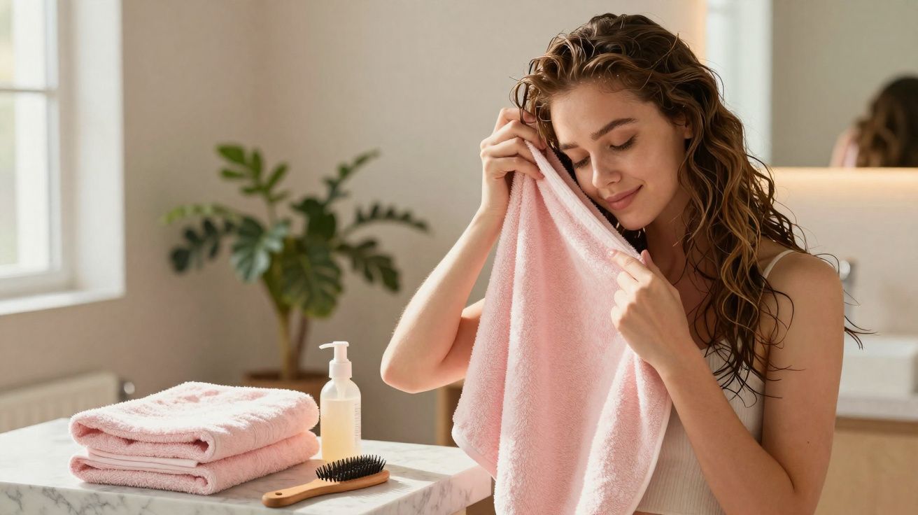 Mulher com cabelo molhado usando toalha rosa em banheiro iluminado e organizado.