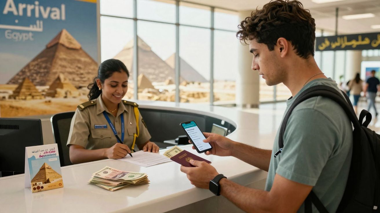 Homem com passaporte e celular na mão interage com atendente em balcão de imigração no Egito.