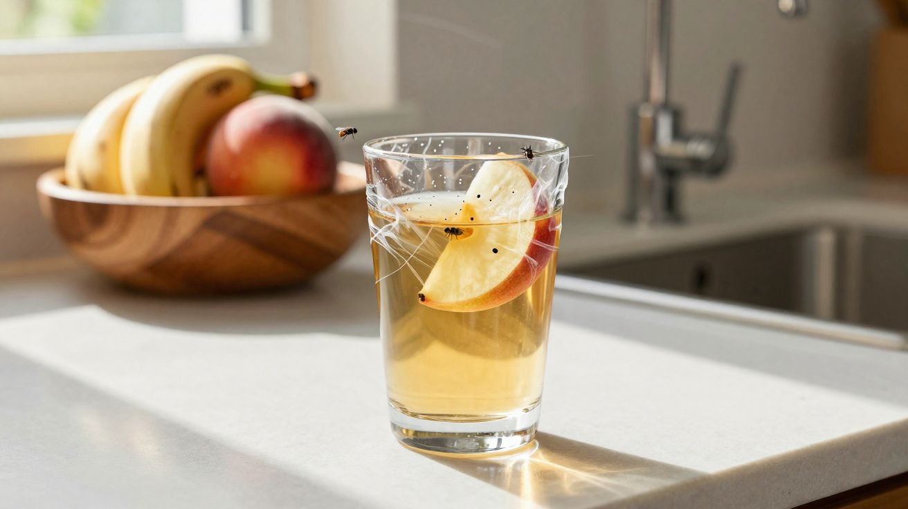 Copos com líquido dourado, pedaço de maçã e insetos presos em teias em bancada iluminada pela luz natural.