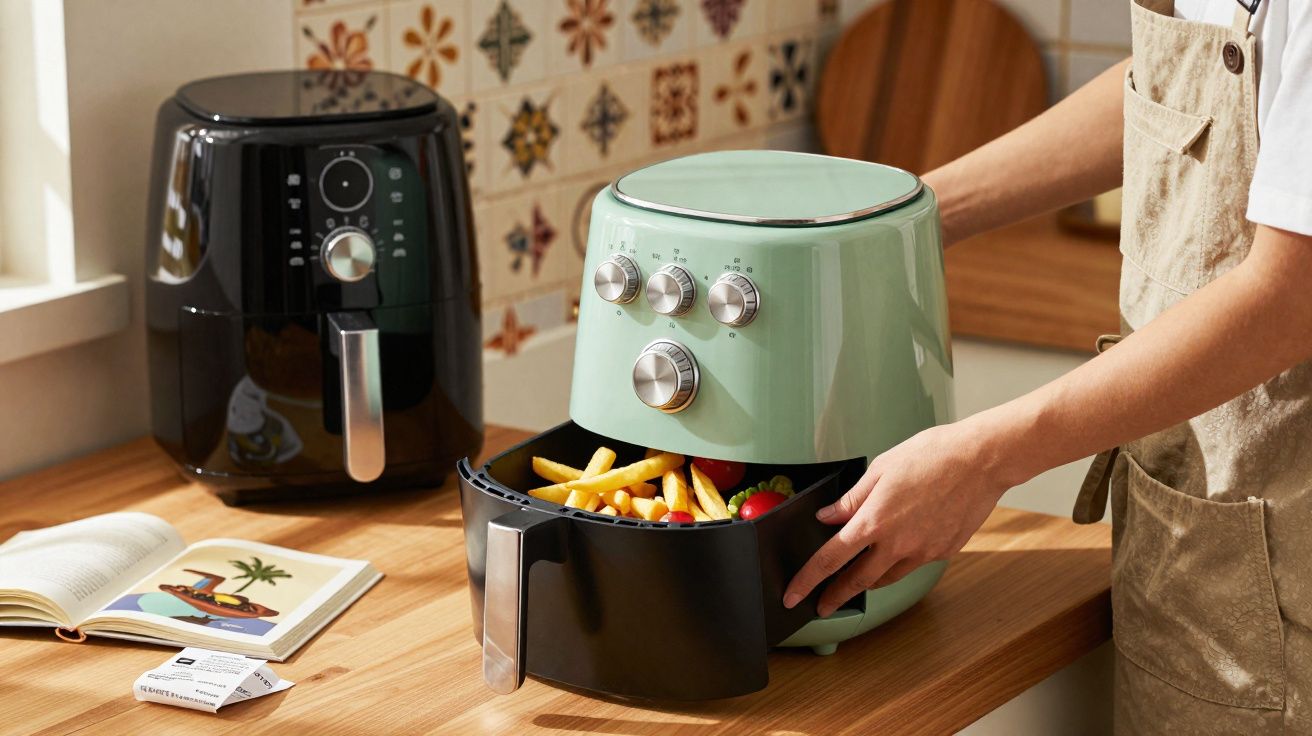 Pessoa retirando batatas fritas de uma airfryer verde em uma cozinha com outra airfryer preta ao fundo.