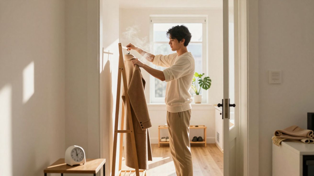 Homem usando vaporizador para passar casaco marrom em ambiente iluminado com janela ao fundo.