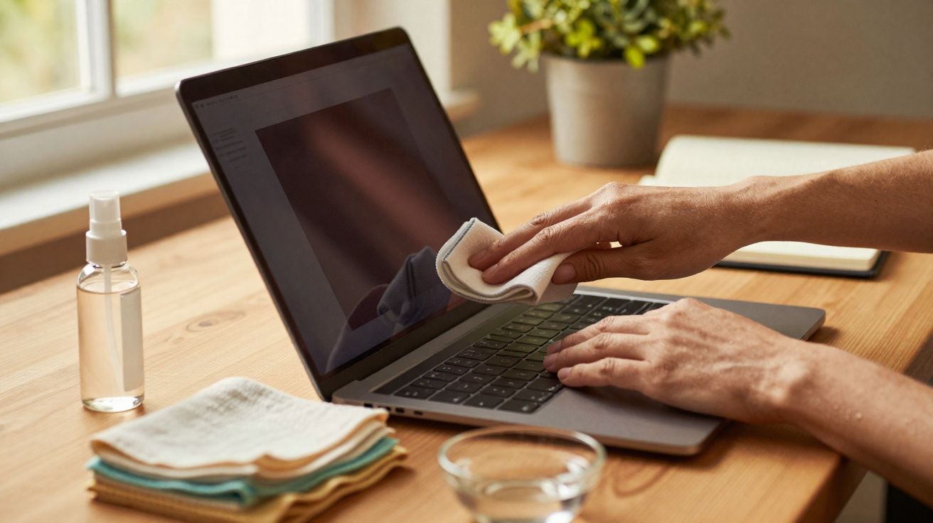 Pessoa limpando a tela de um notebook com pano em ambiente iluminado e com plantas ao fundo.