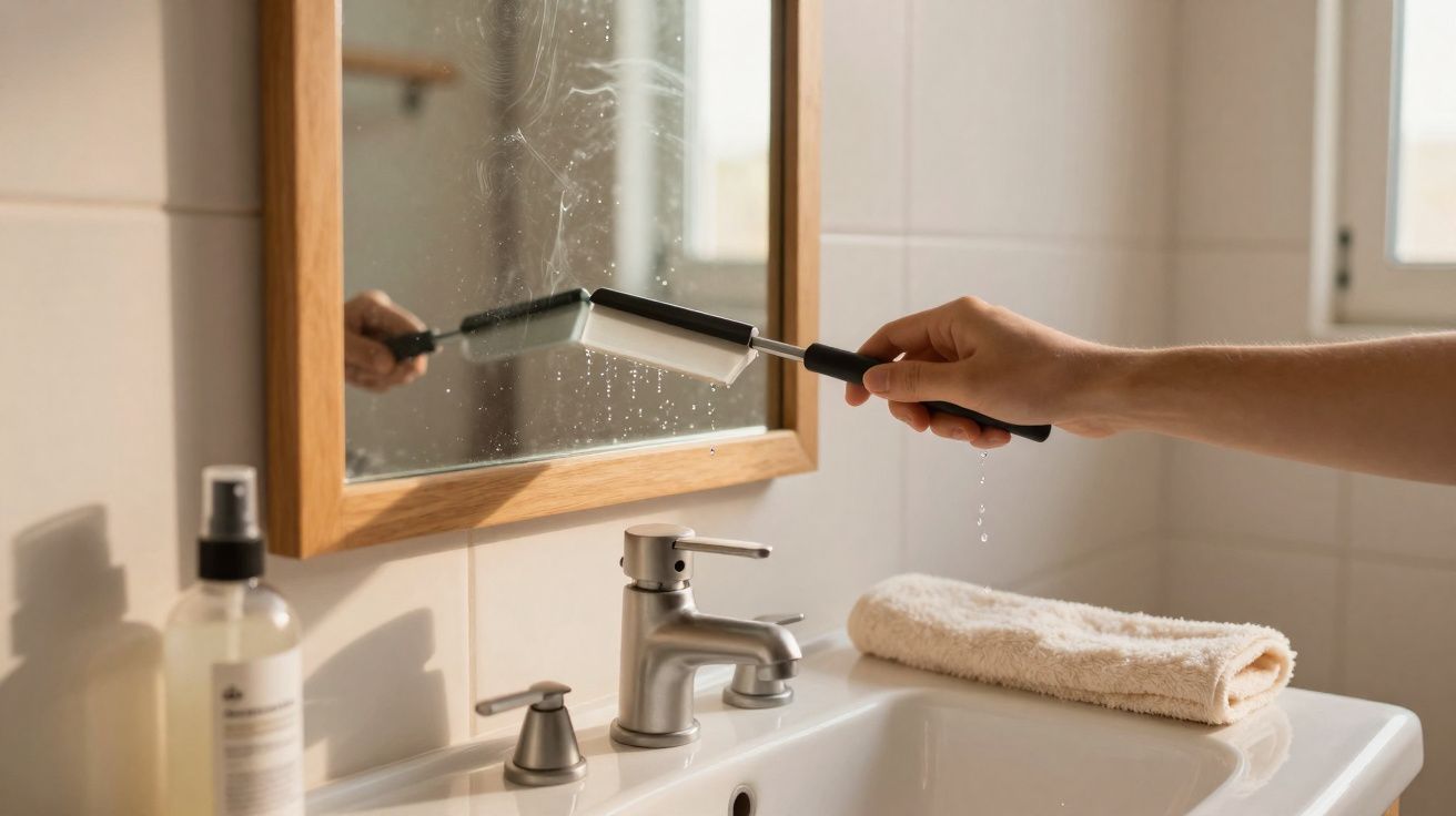 Pessoa limpando espelho do banheiro com rodo ao lado da pia, toalha e sabonete líquido.