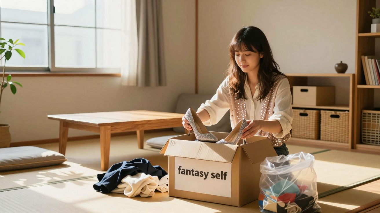 Mulher desempacotando sapatos em caixa dentro de sala iluminada com móveis e planta.