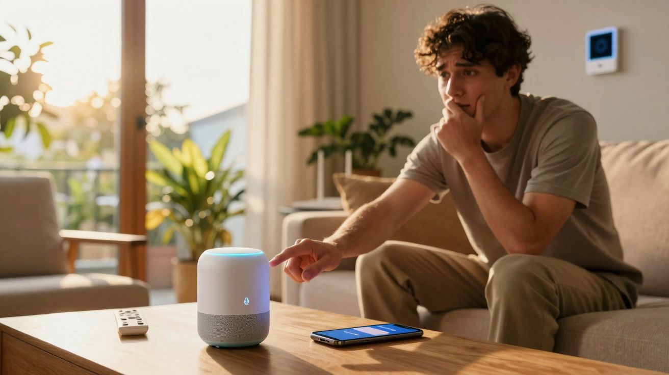 Jovem sentado no sofá interagindo com assistente virtual em dispositivo sobre mesa de centro.