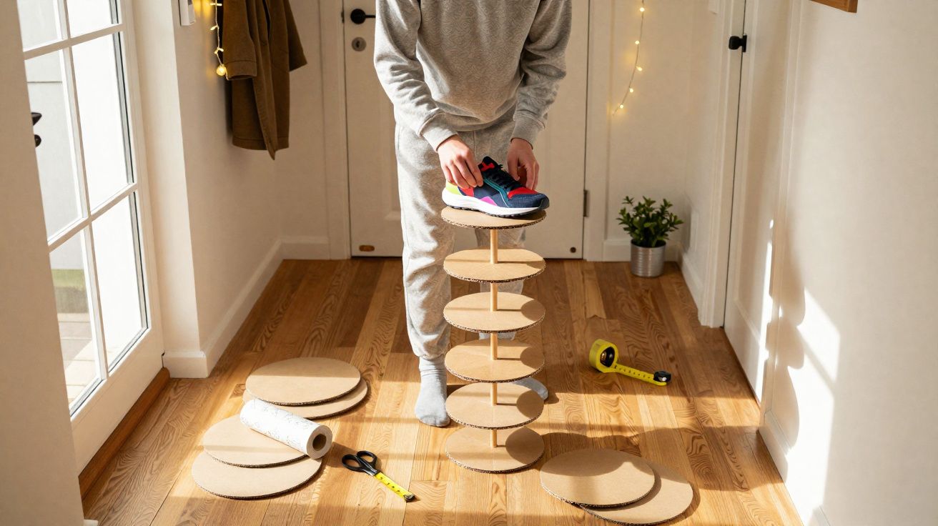 Pessoa montando torre de placas de papelão redondas em chão de madeira.