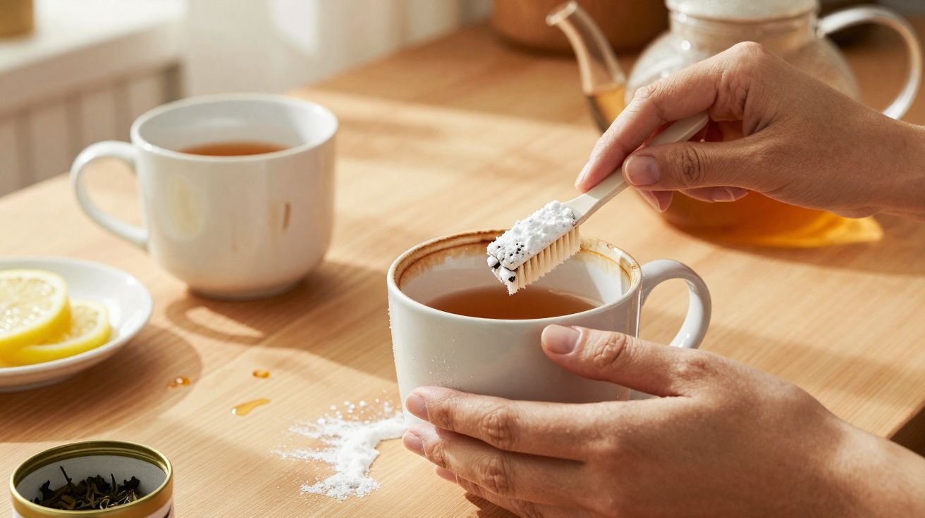 Mãos polvilhando açúcar em uma xícara de chá em mesa de madeira com limão e bule ao fundo.