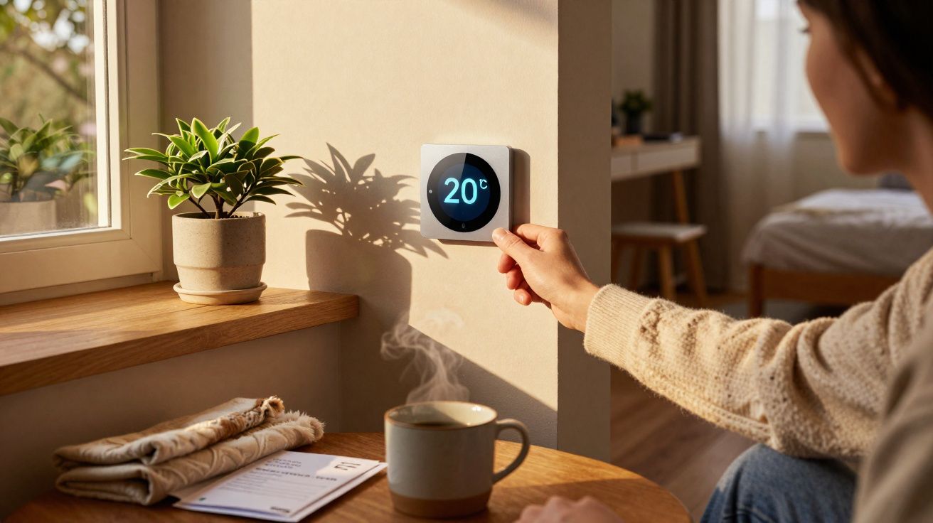 Pessoa ajustando termostato digital para 20 graus em ambiente iluminado com planta, mesa e xícara de chá.