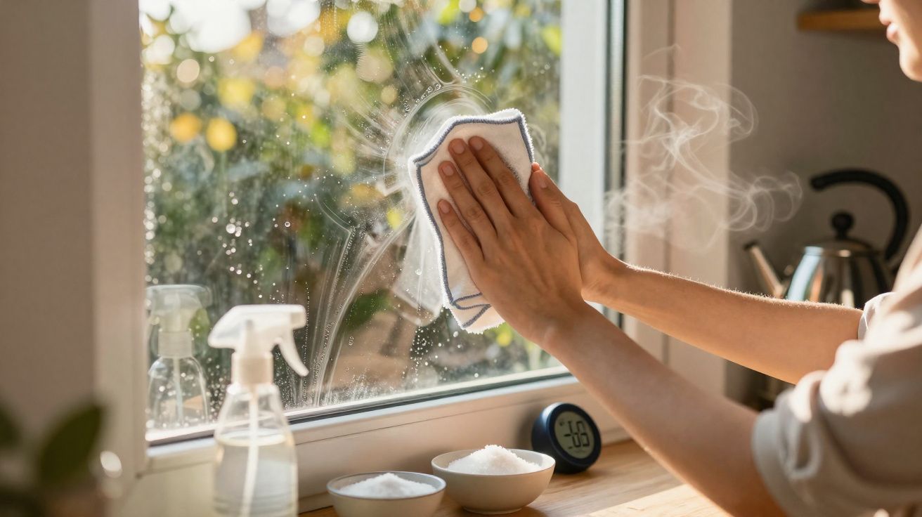 Pessoa limpando janela com pano branco durante dia ensolarado em cozinha com utensílios ao fundo.
