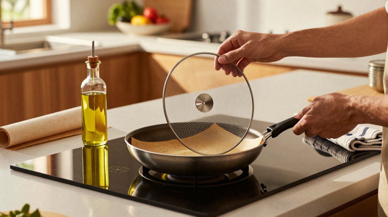 Mãos tampando frigideira com tampa de vidro em fogão, ao lado de garrafa de azeite na bancada da cozinha.