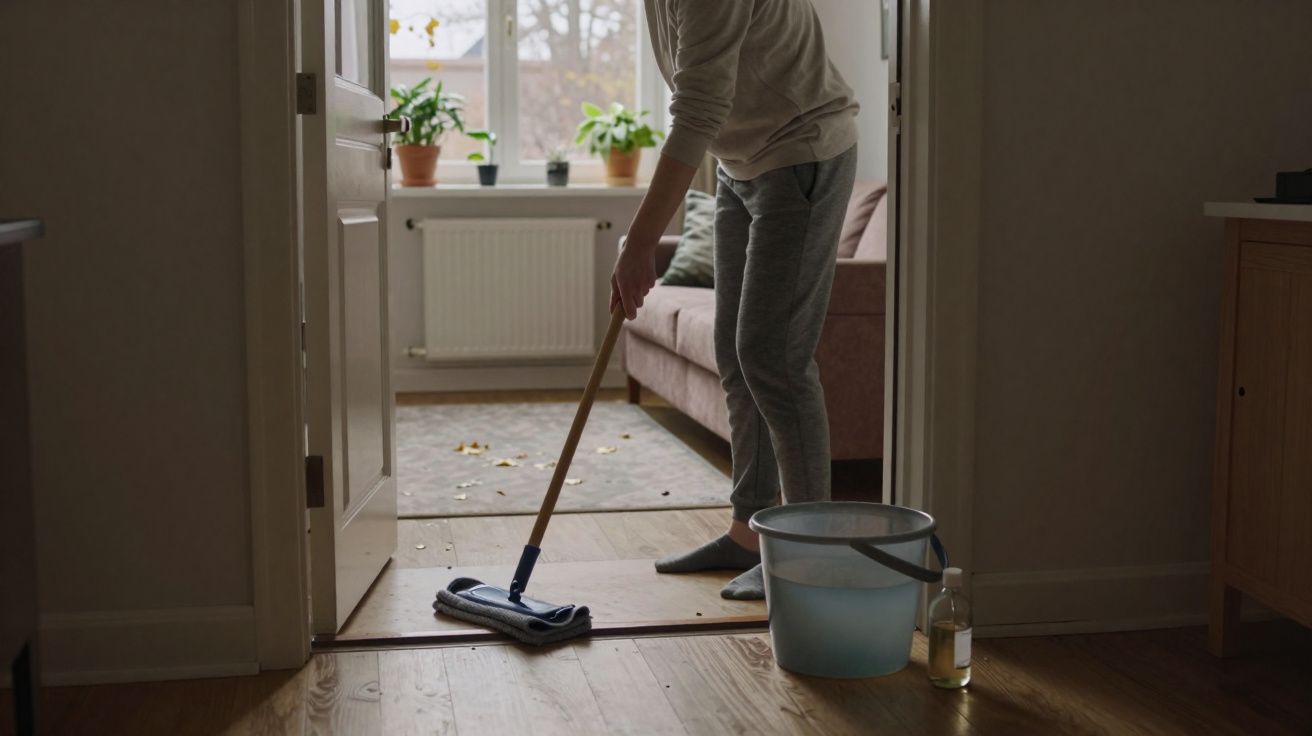 Pessoa limpando chão de madeira com esfregão dentro de casa iluminada por luz natural da janela.