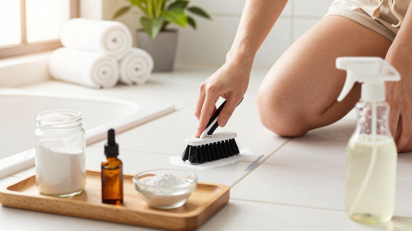 Pessoa limpando rejunte de piso branco com escova e produtos de limpeza naturais em ambiente iluminado.