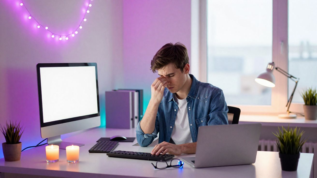 Jovem sentado em escritório moderno com expressão de cansaço, segurando a testa entre computador e laptop.