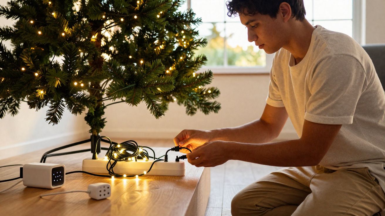 Jovem conecta luzes natalinas em extensão perto de árvore de Natal decorada com luzes acesas.