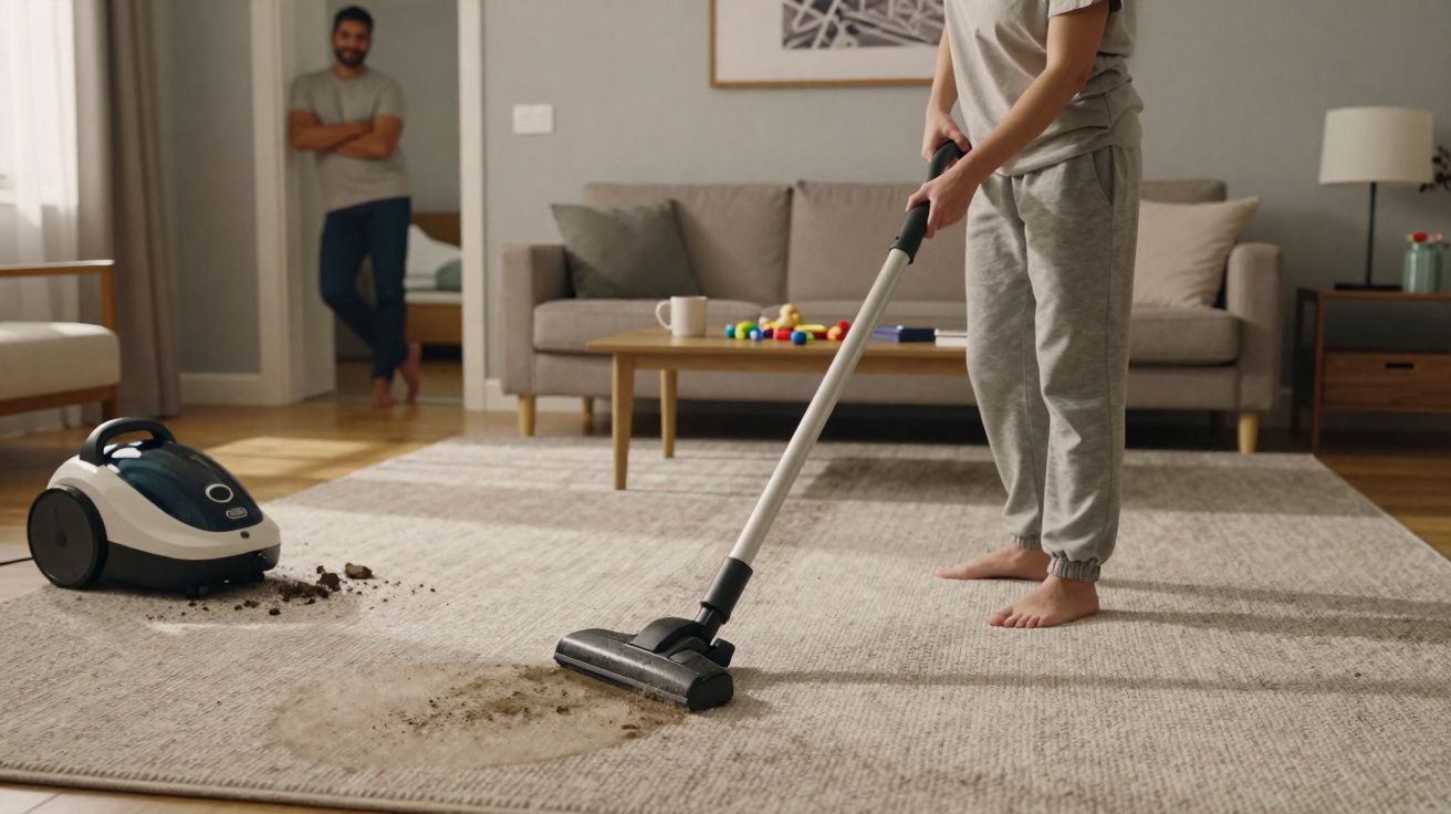 Pessoa limpando sujeira no tapete com aspirador em sala, homem observa ao fundo encostado na parede.