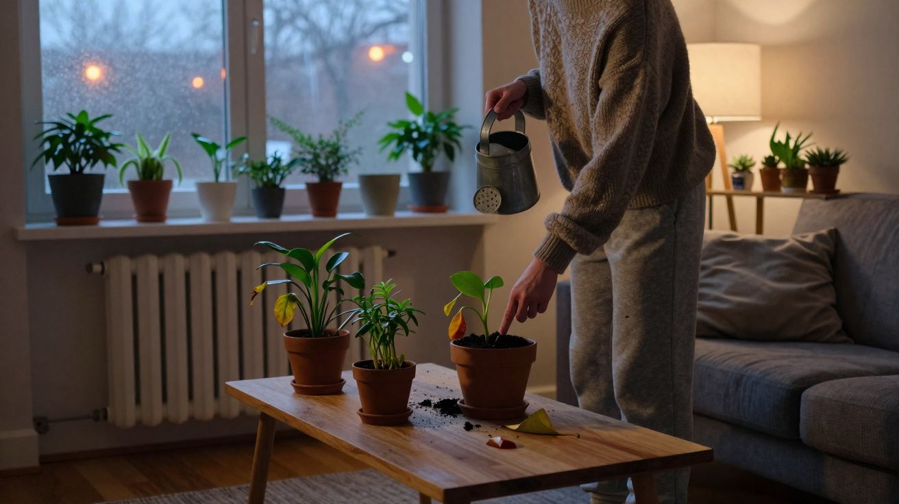 Pessoa regando plantas em vasos sobre mesa de madeira em sala com sofá e janela no fim da tarde.