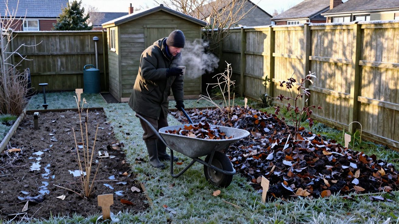 Homem com roupa de inverno recolhendo folhas secas em uma carroça em jardim coberto de geada.