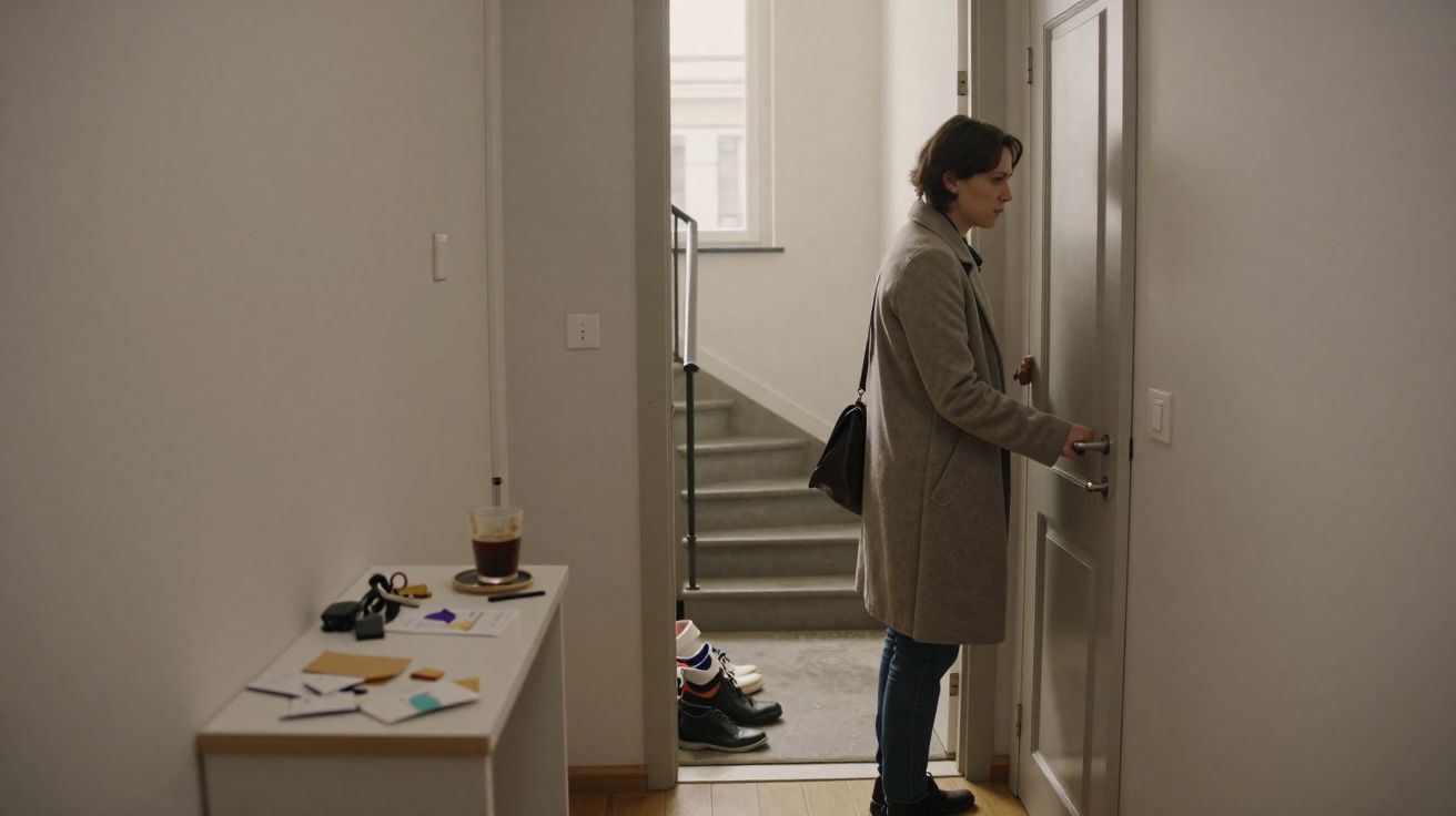 Pessoa vestindo casaco cinza abrindo a porta de um apartamento em um corredor com sapatos no chão.