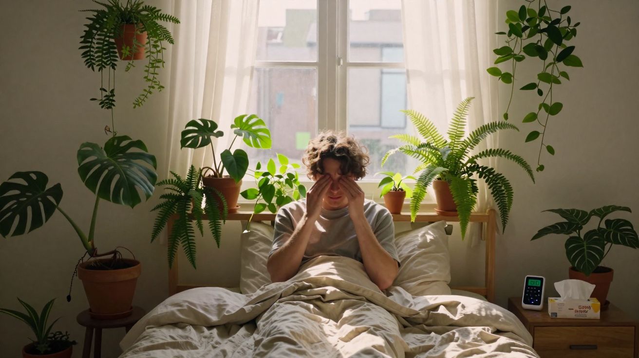 Pessoa sentada na cama entre várias plantas, esfregando os olhos em um quarto iluminado pela janela.