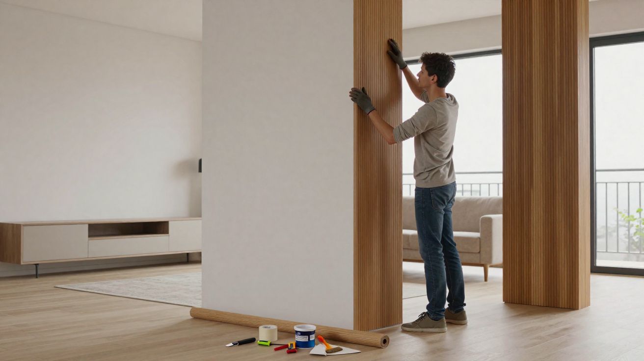 Homem instalando revestimento de madeira em colunas dentro de sala moderna e bem iluminada.