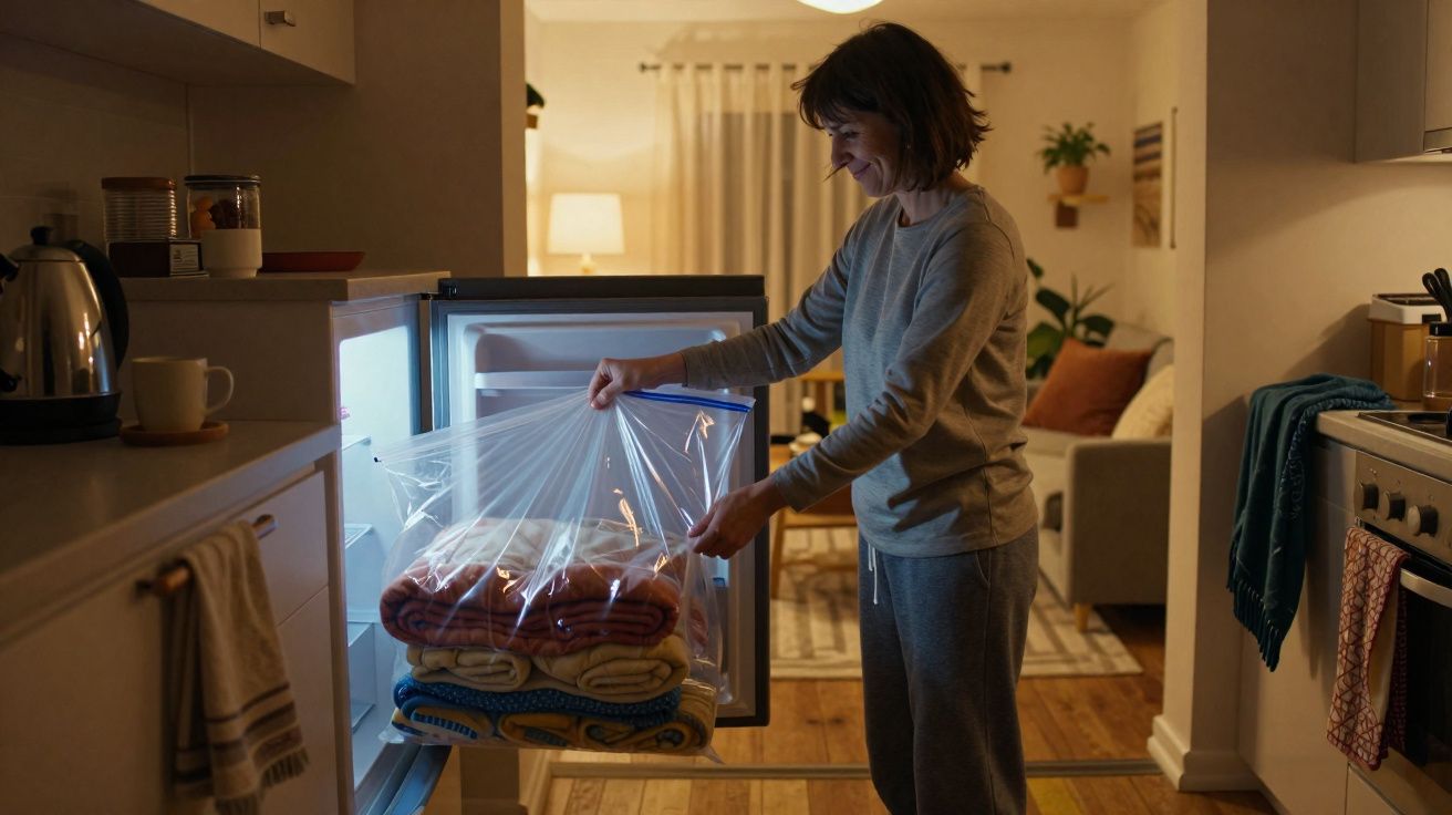 Mulher guardando cobertores em saco plástico na geladeira em cozinha aconchegante à noite.
