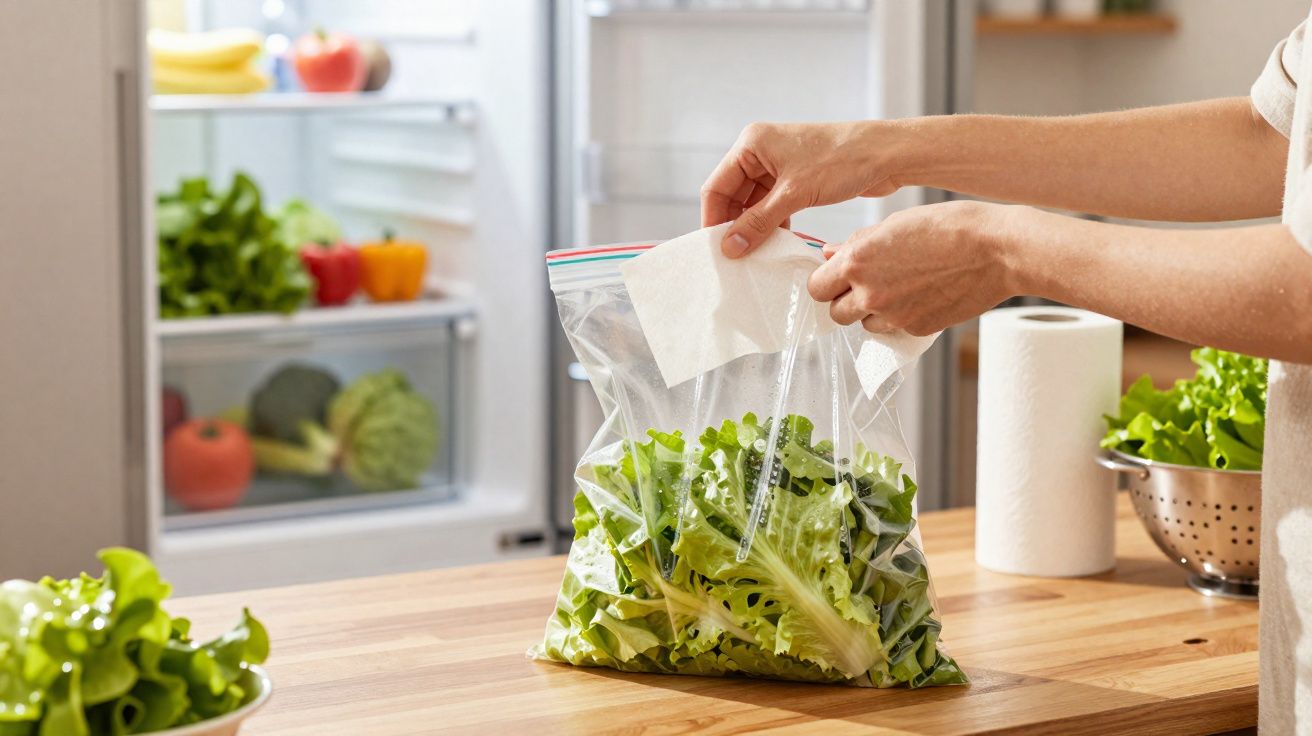 Pessoa colocando folhas de alface em saco plástico transparente na cozinha com geladeira ao fundo.