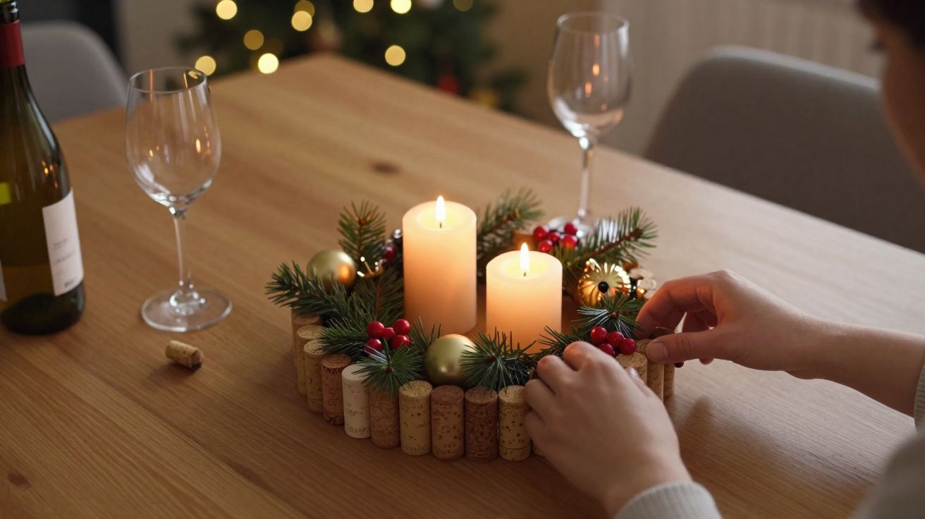 Pessoa montando decoração natalina com velas, pinhas, bolas douradas e rolhas em mesa de madeira