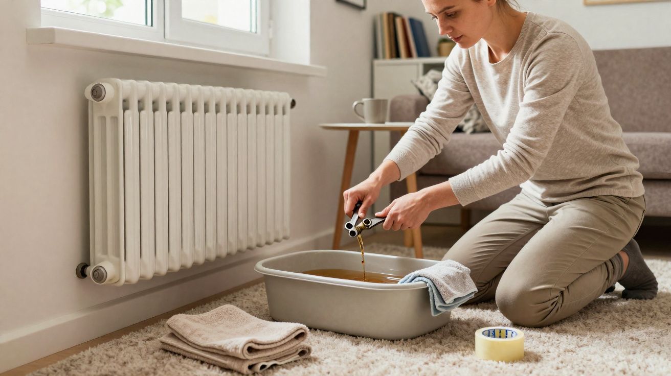Mulher esvaziando radiador e coletando água em balde dentro de sala com tapete e sofá.