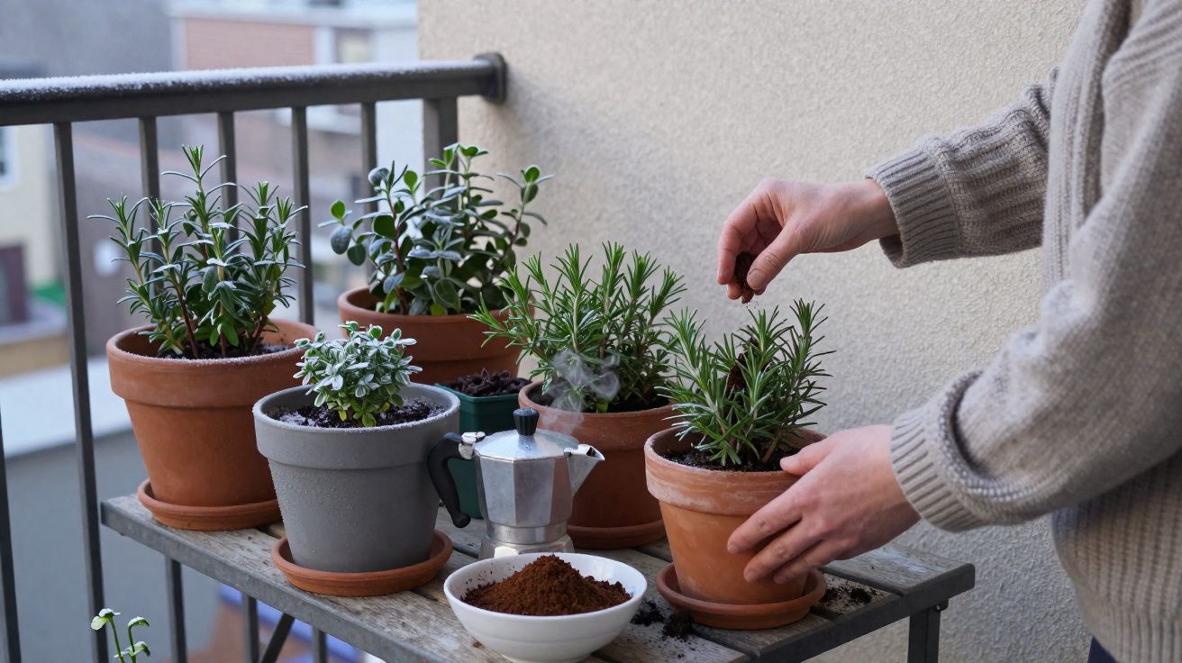 Pessoa cuidando de plantas em vasos de barro e cerâmica em mesa na varanda, com cafeteira e café moído.